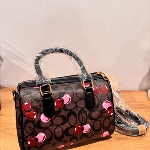 Cherry Print Dome Satchel Handbag - Brown Pink